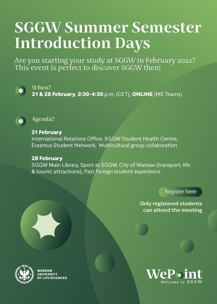 We invite all the international students who start their stay in SGGW to participate in our Introduction Online Days. We will provide you with some necessary and useful information to make your beginning of studies here more comfortable.
