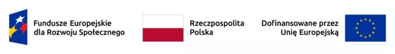 Trzy logotypy przedstawione w jednym rzędzie: symbol Funduszy Europejskich dla Rozwoju Społecznego, flaga Rzeczypospolitej Polskiej oraz flaga Unii Europejskiej z podpisem ‘Dofinansowane przez Unię Europejską