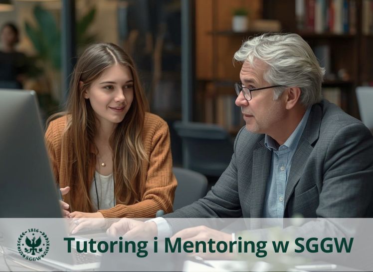 Dwie osoby siedzą przy biurku w nowoczesnym wnętrzu i wspólnie pracują przy laptopie. Na dole grafiki znajduje się pasek z logo SGGW oraz napisem ‘Tutoring i Mentoring w SGGW