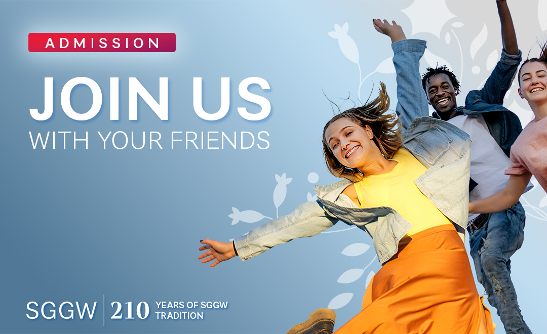 Promotional recruitment graphic for SGGW. The image shows four young people jumping with raised arms against a light blue background. On the left side, large white text reads “Come to us with friends,” with a red label above saying “Recruitment.” In the lower left corner, the SGGW logo appears alongside the text “210 years of SGGW tradition.”