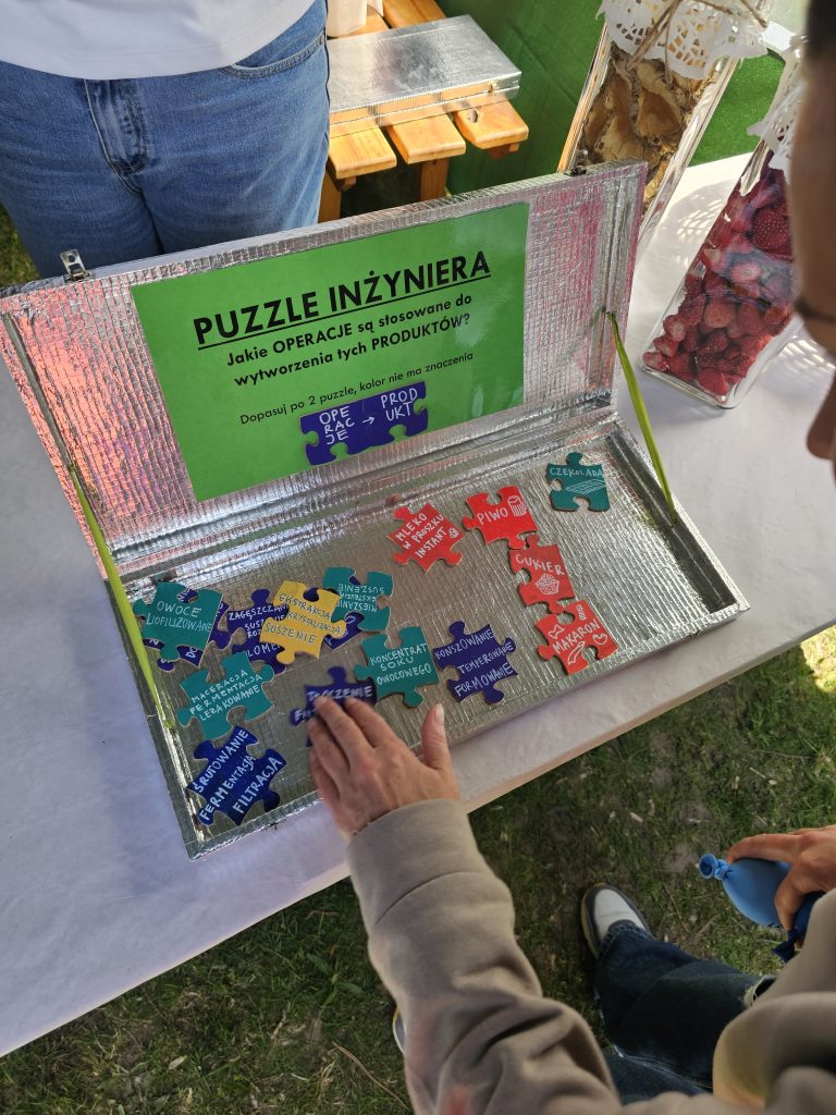 Plenerowe stoisko edukacyjne z grą planszową w formie puzzli.Na pierwszym planie widoczna jest otwarta walizka z termoizolacyjnym, srebrnym wnętrzem. W górnej części walizki umieszczono zieloną tablicę z dużym napisem „PUZZLE INŻYNIERA” oraz pytaniem: „Jakie OPERACJE są stosowane do wytworzenia tych PRODUKTÓW?”. Poniżej znajduje się instrukcja: „Dopasuj po 2 puzzle, kolor nie ma znaczenia” oraz schemat łączących się elementów z napisami „OPERACJE -> PRODUKT”.W dolnej części walizki rozsypane są kolorowe puzzle z pianki. Część z nich zawiera nazwy procesów przemysłowych (np. „śrutowanie, fermentacja, filtracja”, „maceracja, fermentacja, leżakowanie”, „zagęszczanie, suszenie rozpyłowe”), a część nazwy produktów spożywczych (np. „piwo”, „mleko w proszku instant”, „makaron”, „czekolada”).Nad walizką pochylają się dwie osoby – jedna w jeansach i białej koszulce, a druga, widoczna z profilu, trzyma w dłoni niebieski element i próbuje dopasować puzzle. W tle widoczny jest fragment stołu z innymi rekwizytami, w tym szklanym naczyniem wypełnionym truskawkami, oraz trawiasty teren.